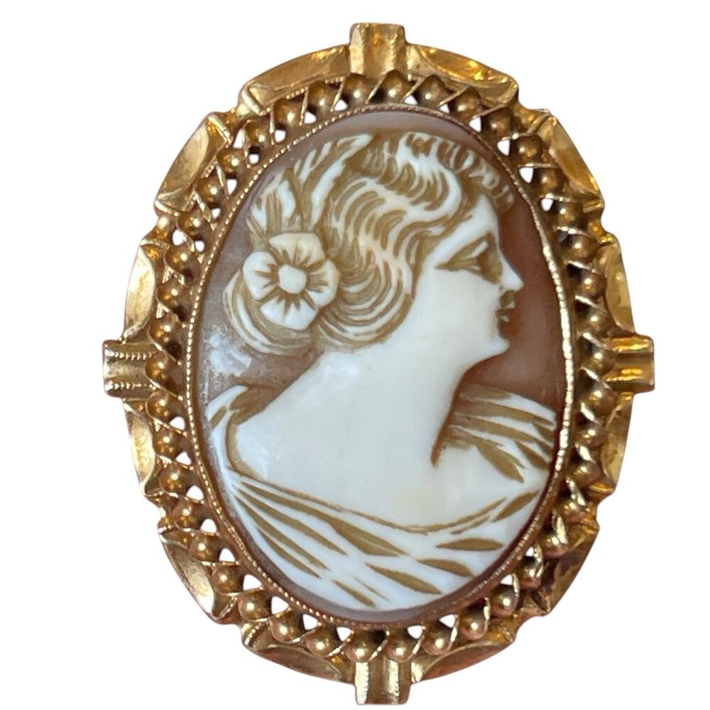 Antique Vintage 10K Yellow Gold Carved Shell Cameo 1920's-30' Pin Brooch Pendant